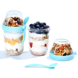 Felli On the Go Yogurt Parfait Snack Cup 12 oz Reusable Leak Proof + Travel Spoon, Topping Holder for Fruit Cereal Milk, To Go Lunch Healthy Portion Control Overnight Oats Container Clear (2, Blue)