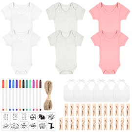 BOUBONI 60 Pcs DIY Baby Bibs Bodysuit Set Baby Shower Game 6 White Baby Bibs 6 Newborn Bodysuit 12 Fabric Markers 12 Stencils 23 Clothespins 1 Hemp Rope for Baby Shower Boys Girls