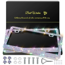QUANQIUFEI 2 Pack Bling License Plate Frames for Women, Sparkly Rhinestone Diamond Car Accessories with Glitter Crystal Caps (Colorful)