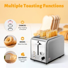 YSSOA 2 Slice Stainless Steel Toaster with Extra Wide Slot & Removable Crumb Tray, 5 Shade Setting and Bagel/Defrost/Cancel Function, Retro Compact Oven, for Various Bread & Waffle, Silver