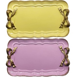 Cayway Set of 2 Vintage Style Tray, Vintage Resin Tray, Bow Knot Resin Plate for Towel Tray, Fruit Trays, Rings, Bracelets, Earrings Holder, Purple and Yellow