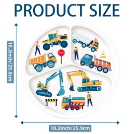 Viynran 10 Inch Portion Control Bariatric Plate - Divided Melamine Plate for Kids and Teens, Balanced Meals with Construction Vehicles and Trucks Design (4 Packs)