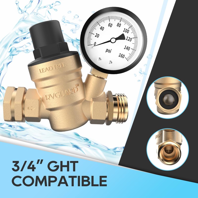 RVGUARD RV Water Pressure Regulator Valve, Brass Lead-Free Adjustable Water