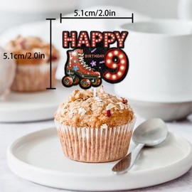 18pcs Red Glitter Neon Light Happy Birthday 9 Roller Skates Dessert Cupcake Topper Pick for 80s 90s Retro Hip Hop Roller Skating Theme Decor Supplies Boys Girls Happy 9th Birthday Party Decorations