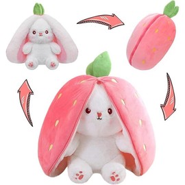 Cuddly Bunny Stuffed Animal, Kawaii Squishy Cute Easter Bunny Plush Turn Into Rabbit Fruit Doll Carrot Strawberry Pillow, Plushies Funny Bunny Toy for Baby:_Strawberry Carrot Ribbit_7inch