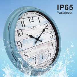 OCEST 16 Inch Indoor Outdoor Clock, Waterproof Large Wall Clock with Thermometer, Silent Non-Ticking Battery Operated Decor for Patio Pool Porch Garden Garage（Blue）