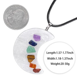 mookaitedecor 7 Chakra Stones Selenite Crystal Moon Pendant Necklace Crystal Healing for Girl Women, Chakra Tumbled Chip Stone Crescent Moon Pendant Semi Precious Stone Jewellery for Chakra Balancing