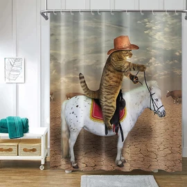 Funny Cowboy Cat Shower Curtain Set 72 X 72 Inch Cute Cat Cowboy Rides A White Horse in The Desert Funny Gifts for Kids Shower Curtain Waterproof Polyester Fabric Bathroom Curtain with Hooks