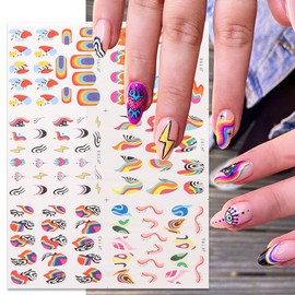 12 Sheets French Nail Art Stickers Decals Colorful Stripes Lines Irregular Geometric Water Transfer Nail Stickers 3D French Abstract Nail Decals Nail Art Supplies for Women Girls DIY Acrylic Nails