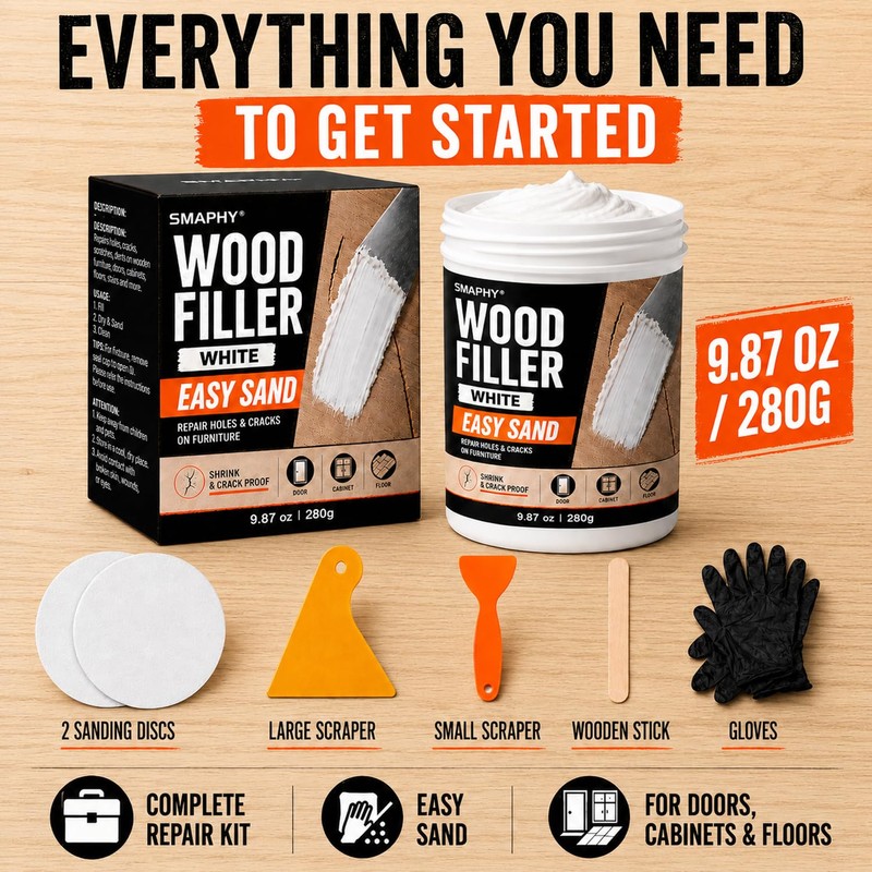 Wood Filler, Paintable & Sandable White Wood Putty for Hole