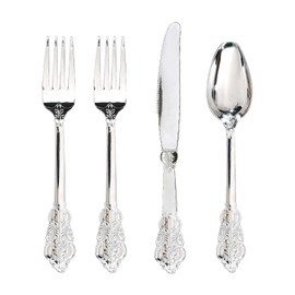 WDF 200 Pieces Silver Christmas Plastic Silverware Disposable - 50Guests Silverware Plastic Cutlery - Plastic Utensils Includes 100 Forks, 50 Spoons, 50 Knives Perfect for Wedding or Party