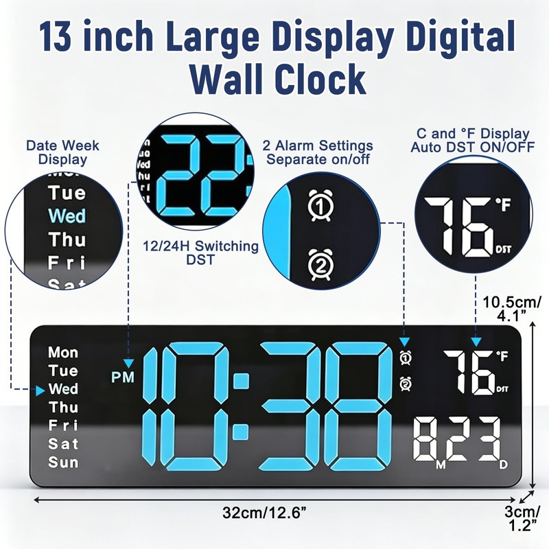 CherishMood 13" Large LED Digital Wall Clock, Remote Control, 10-Level