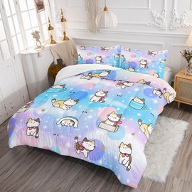 XYNHML Kids Cute Cat Comforter Set Twin Size 3Pcs Colorful Rainbow Glitter Star Bedding Set Lovely Animal Cat Paw Quilt Bed Set for Children Girls Boys Room Decor