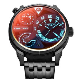 Alienwork XXL Oversized Men's Watch Calendar 2 Time Zones, Bracelet