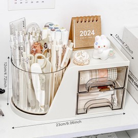 Elezeal 360 Degree Rotatable Office Organiser, Rotating Pen Pencil Holder with 6 Compartments and 2 Drawers, Desk Tidy Caddy for Office Desk, Bedside Table, Dressing Table