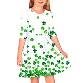 Girl's St Paddy's Day Dress Clover Shamrock Green Outfits 3/4 Sleeve Irish Party Dresses 9-10 Years