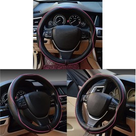 Car Steering Wheel Cover, Anti-Slip, Safety, Soft, Breathable, Heavy Duty, Thick, Full Surround, Sports Style (Black with Pink Line)