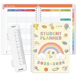SUNEE Elementary Student Planner 2025-2026, Dated Academic Year Jul. 2025 - Jun. 2026, 6.5"×8.3" School Planner for Kids, Datebooks Weekly & Monthly Plan Book with Bookmark/Monthly Tabs, Beige Rainbow