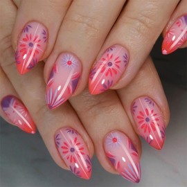 24 Pcs Spring Press on Nails Short Almond Nail Tips,YEFIUO Nude Pink Fake Nails Press ons Ombre Red French Glue on Nails Acrylic Nail Art Kit Full Cover False Nails with Flowers Design for Ma'am