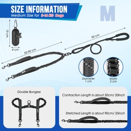 Eyein Double Dog Leash No Tangle - 360° Swivel Heavy Duty Reflective Lead with Two Padded Handles Dual Dog Splitter, Comfortable Shock Absorbing Walking Training for 2 Small Medium Dogs (3-16kg)