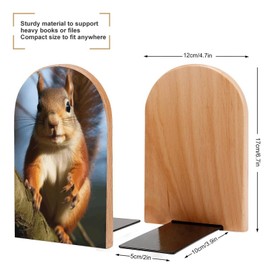 Beech Wood Bookends for Shelves, Squirrel Funny Animal Print Space-Saving Modern Design with Iron Base, Ideal for Office, Home, and Library