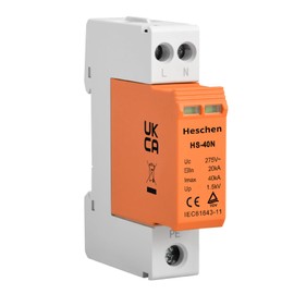 Heschen Surge Protection Device SPD, HS-40N, 275VAC 20KA, 2P, Fireproof, Low Voltage Arrester, 35mm DIN Rail Mount