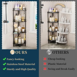 Consumest Corner Shower Caddy Stand - 4 Tier Shower Organizer with Soap Holder, Tall Floor Corner Shelf Standing with Adjustable Feet & 4 Hooks, Storage Rack for Bathroom Black