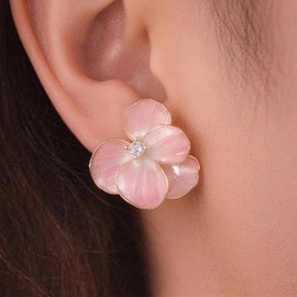 Clip On Earrings Flower Pink Floral Earrings For Women Rhinestone Orchid Style Dainty Aesthetic Jewelry