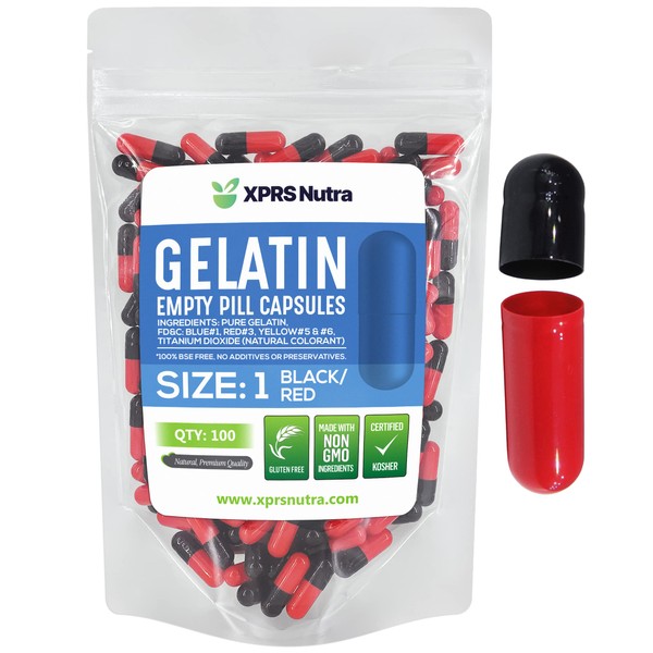 XPRS Nutra tamaño 1 cápsulas vacías – Cápsulas de gelatina vacías de color negro y rojo – Cápsulas de píldoras vacías – Cápsulas de relleno de cápsulas de gel de color para vitaminas (100 unidades)