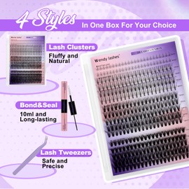 Cluster Lashes Kit Wispy 4 Styles, Individual Eyelashes Kit 3D-20D+30D+7D and Lower DIY Cluster Eyelash Extensions Manga 0.07mm 12-18mm Lash Clusters with Bond and Seal(3D-4SX-20D+30D)
