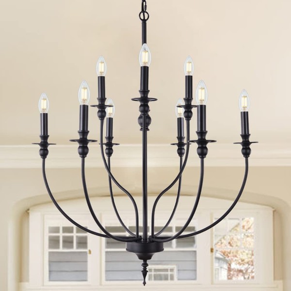 Wellmet Black Farmhouse Chandelier for Dining Room, 9 Light 2-Tier Rustic Classic Candle Ceiling Hanging Light Fixture, Modern French Country Pendant Lighting for Kitchen Island, Living Room, 30" Dia