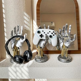 Mechanical Hand Controller Stand, Steampunk Resin Gaming Decor (Silver)