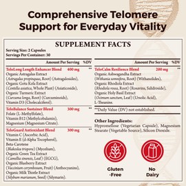 Telomere Lengthening Supplements – Organic Astragalus, Gotu Kola, Vitamin D3, Folate, L-Theanine – Anti-Aging, DNA Repair, Immune & Cellular – 60 Vegan Capsules, Made in Japan (1 Bottle)