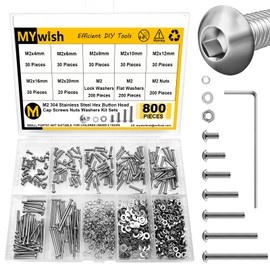 Mywish 800Pcs M2 Screw Assortment Kit 304 Stainless Steel Hex Socket Button Head Socket Cap Metric Screws Bolts, Flat & Spring Lock Washers/Nuts/Hex Wrenches, M2*4/6/8/10/12/16/20mm
