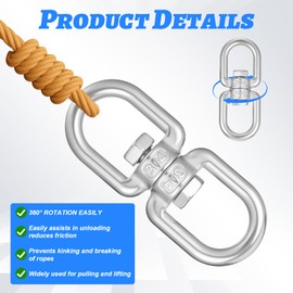 Swivel Carabiner Stainless Steel, 2 PCS Double Eye Swivel Hook Heavy Duty Eye to Eyes Swivels Ring Chain Connector Double Ended Swivels Eyes Hook for Hanging Web Tree Swing Hammock Chair Climbing Rope