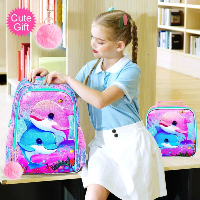 UFNDC 3PCS Dolphin Bookbag for Girls, 16" Kids Backpack with