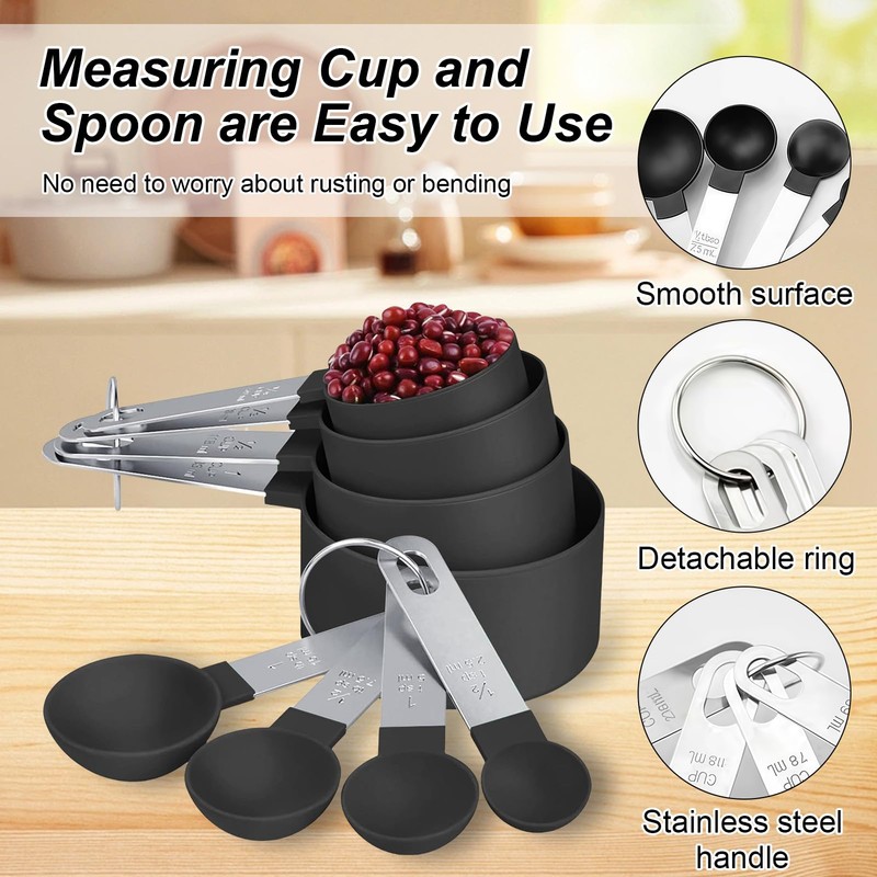 Debbery 8 Pcs Black Measuring Spoons Sets, Cup Measurements Set