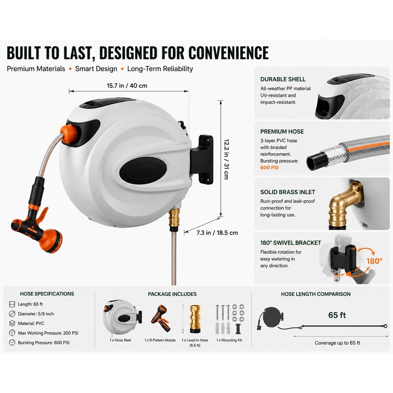 SucceBuy Retractable Garden Hose Reel 180° Swivel Bracket Wall-Mounted with