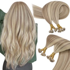 Sunny Hair Flat Tip Hair Extensions Human Hair Ash Blonde Highlight Golden Blonde Keratin Hair Extensions Golden Blonde Flat Tip Real Hair Extensions Remy Flat Tip Extensions 50g 50s 14Inch