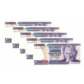 Turkish Libra 5 x 500,000 Uncirculated Banknotes 500,000 (1/2 Million)