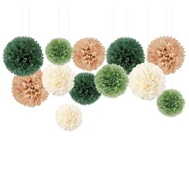Capesaro Olive Sage Green 12 Pieces Paper Pom Poms Party Decorations for Natural Green Boho Safari Jungle Party, Hanging Tissue Paper Flowers for Engagement, Wedding, Baby Shower