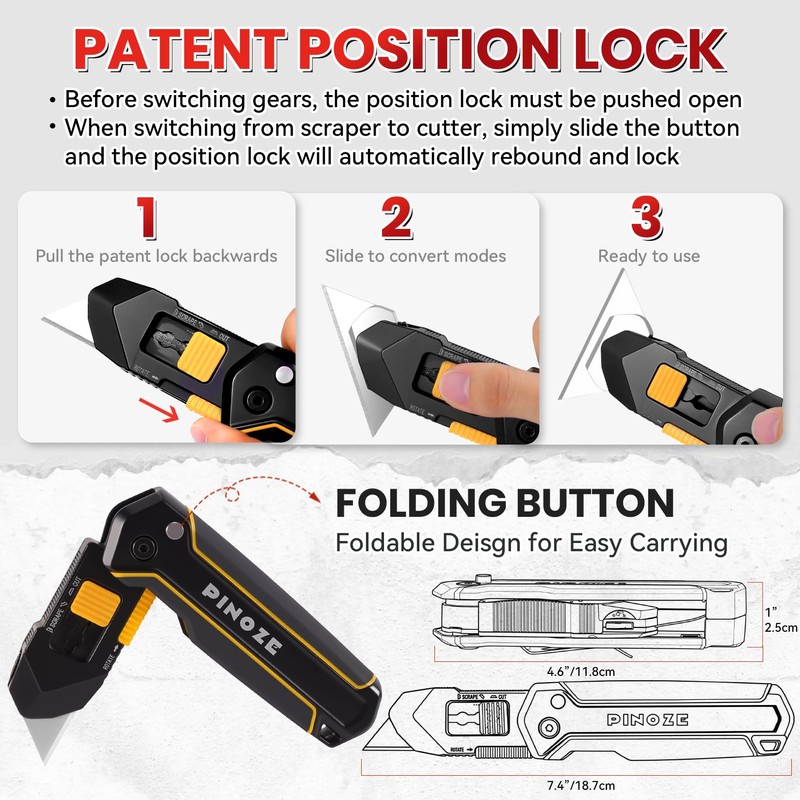 PINOZE Folding Utility Knife Scraper, 3-in-1 Box Cutter with Lanyard
