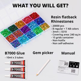 Worthofbest 20000Pcs Resin Rainbow Colorful Rhinestones for Crafting Bedazzling, Mixed 10ss Flatback Bulk Gems Bedazzler Kit for DIY Crafts Clothing Shoes Fabric Nails, Flat Back Jewel with b7000 Glue