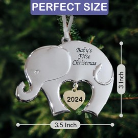 Baby's First Christmas Ornament 2024 - Elephant Baby Ornament 3x3.5 Nickel-Plated Metal with Gold 2024 Charm. Ribbon for Hanging. Unique Design, Collectible Keepsake