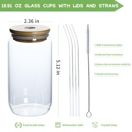 XCENUNTY glass 16 ounces (approximately 453.6 grams), 1 glass with lid and straw - coffee cup, water, beer, cute tea, gift -1 cleaning brush, 2 straw