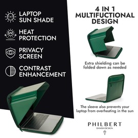13” MacBook Laptop Sun Shade Sleeve with Built-in Hood | 4-in-1: Screen Shade, Privacy, Heat Protection, Contrast Enhancement | Made in Hemp and Vegan Leather - Green