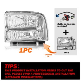 SOCKIR Headlight Assembly Fit for 1999-2004 F250 F350 F450 F550 Super Duty / 2000-2004 Excursion Chrome Housing Clear Reflector