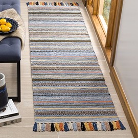Safavieh Montauk Collection MTK901C Handmade Boho Stripe Fringe Cotton Runner, 2'3" x 8' , Blue / Multi