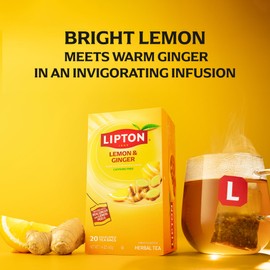 Lipton Lemon Ginger Tea Bags, Caffeine Free Tea, Refresh Fruit and Herbal Tea, Individually Wrapped, 80 Total tea Bags (20ct - Pack of 4)