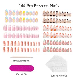 Eliongpu 6 Packs (144 Pcs) Press on Nails Medium False Almond and Square Full Cover Stick on Nail Artificial Acrylic Fake Nails DIY Manicure with Adhesive Tabs for Nail Art